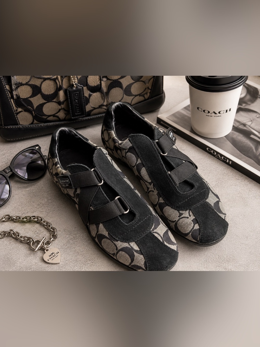 Coach Signature Black Canvas Suede Mary Jane Flats Women’s Slip On Shoes